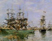 尤金 布丹 : A Three Masted Ship in Port